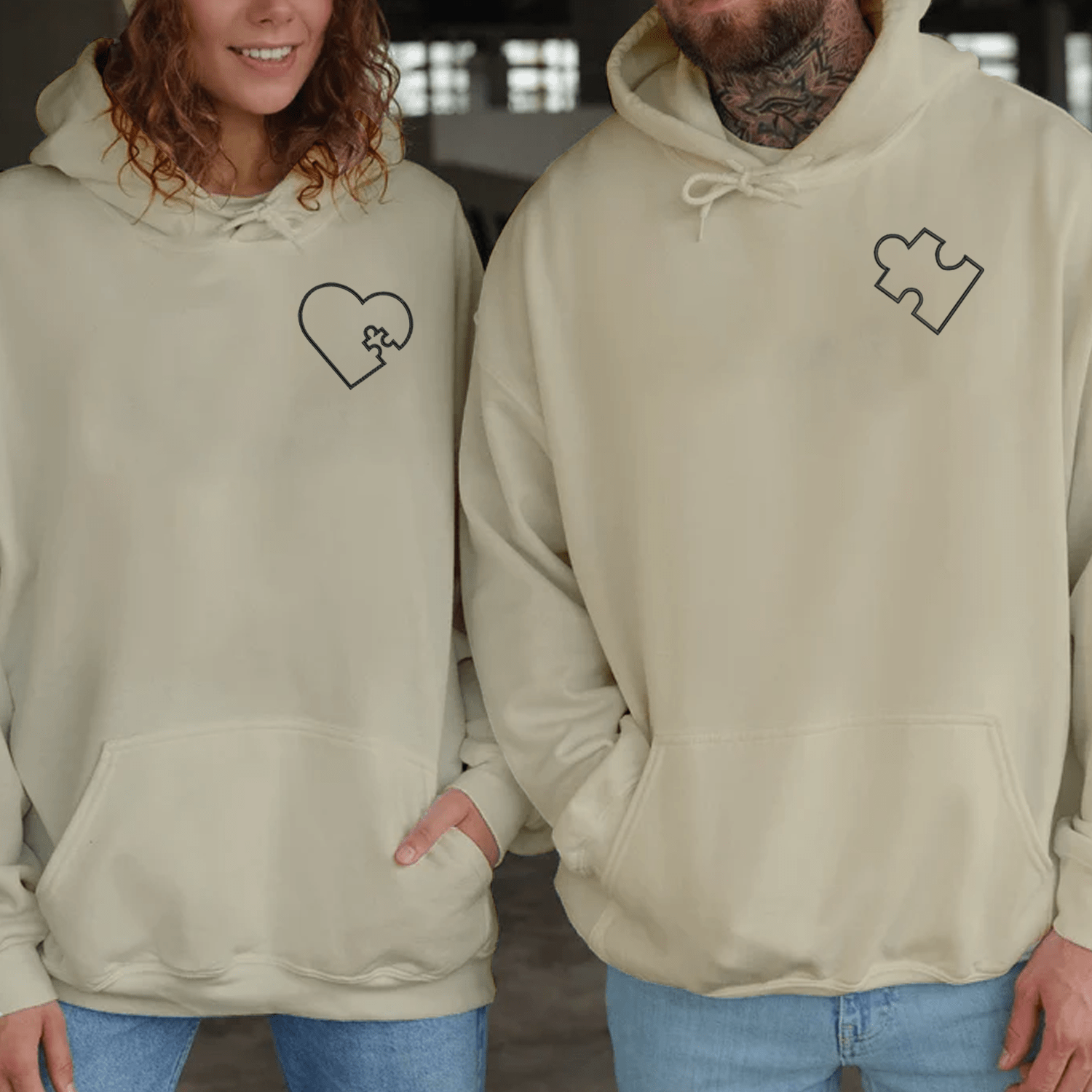 Maturelion Embroidered You Complete Me Heart Puzzle Couple Hoodie