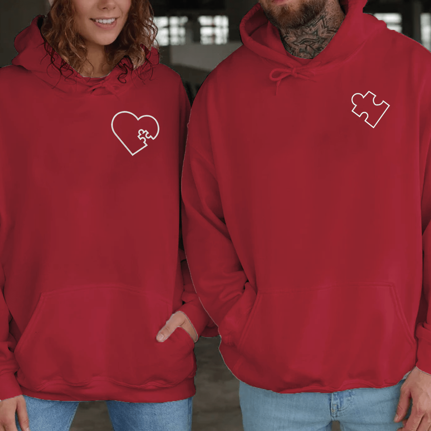 Maturelion Embroidered You Complete Me Heart Puzzle Couple Hoodie