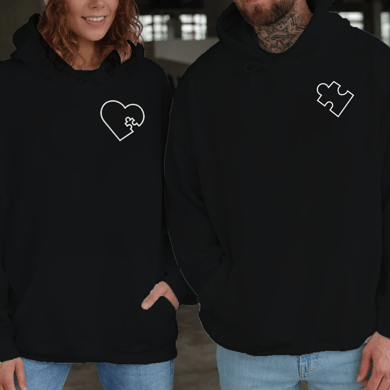 Maturelion Embroidered You Complete Me Heart Puzzle Couple Hoodie