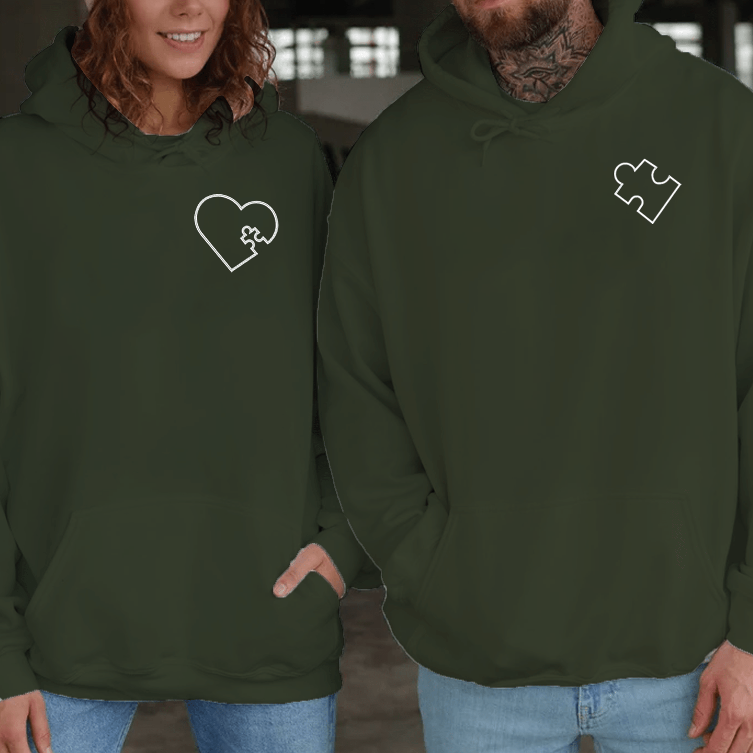 Maturelion Embroidered You Complete Me Heart Puzzle Couple Hoodie