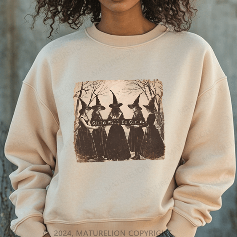 Maturelion Halloween Girls Will Be Girls Witch Funny Washed Halloween Sweatshirt