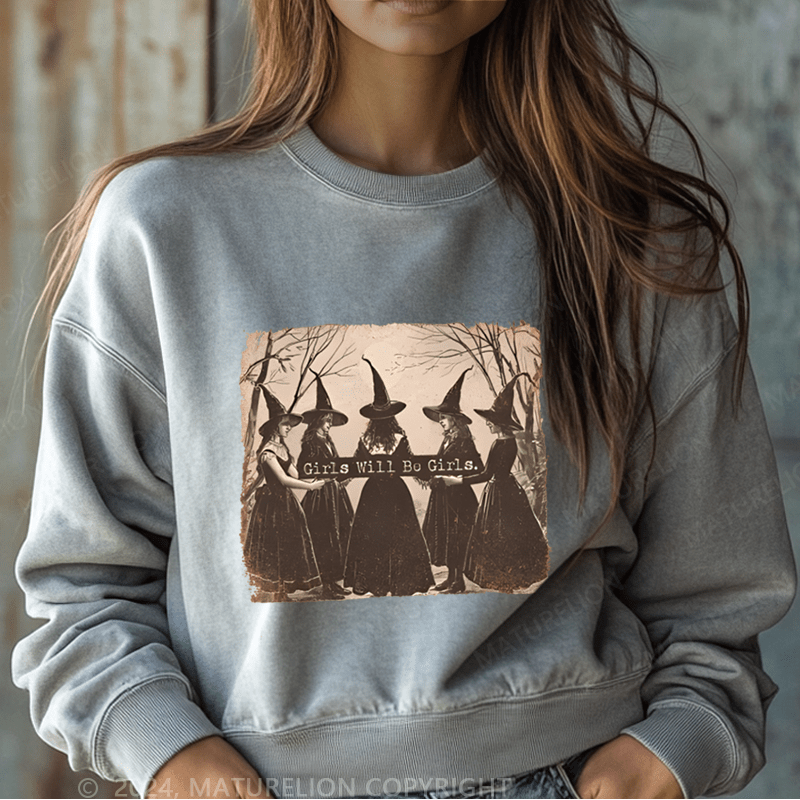 Maturelion Halloween Girls Will Be Girls Witch Funny Washed Halloween Sweatshirt