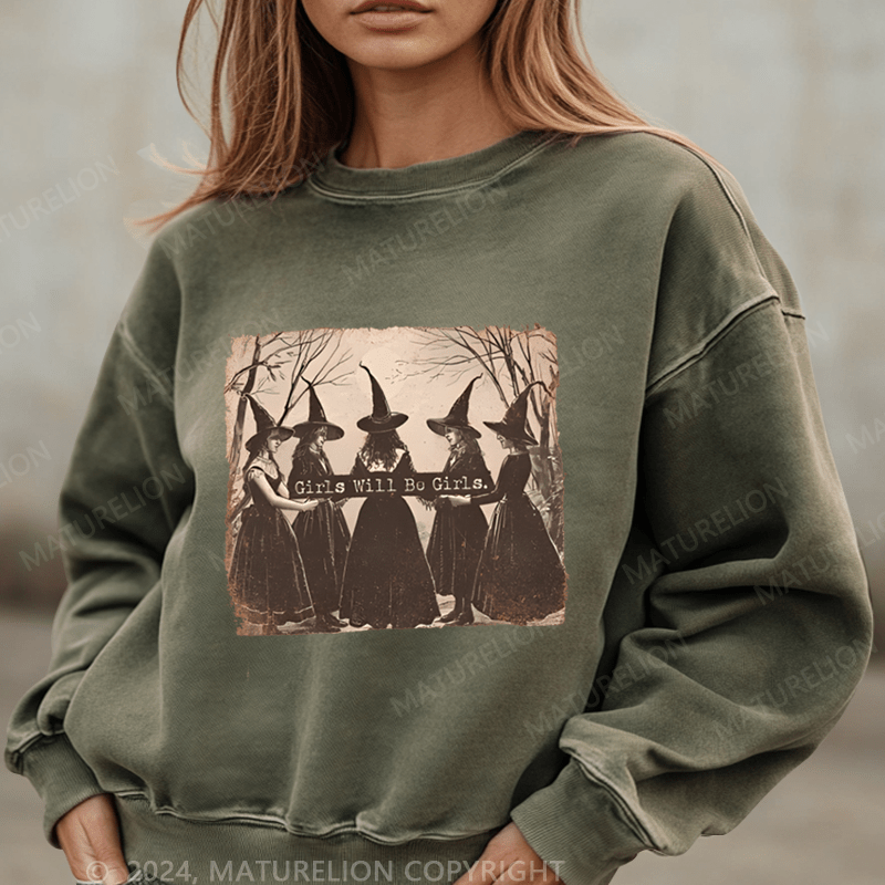 Maturelion Halloween Girls Will Be Girls Witch Funny Washed Halloween Sweatshirt