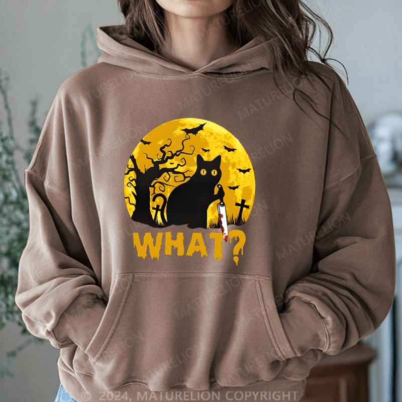 Maturelion Halloween Black Cat What Funny DTG Printing Halloween Hoodie