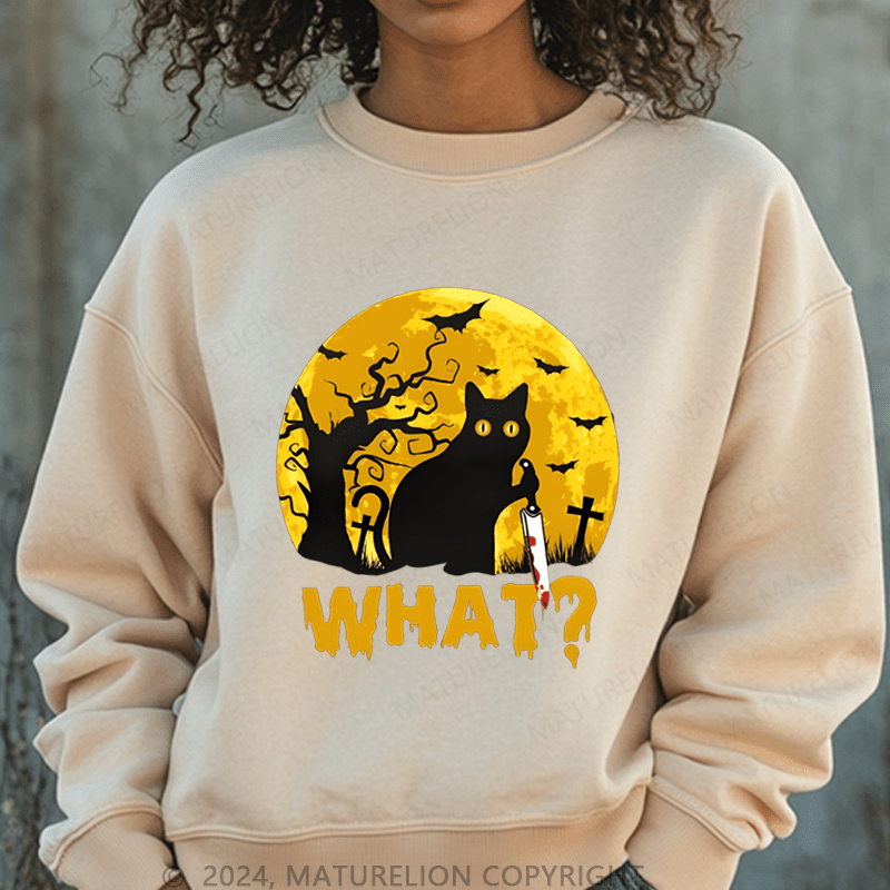 Maturelion Halloween Black Cat What Funny Washed Halloween Sweatshirt