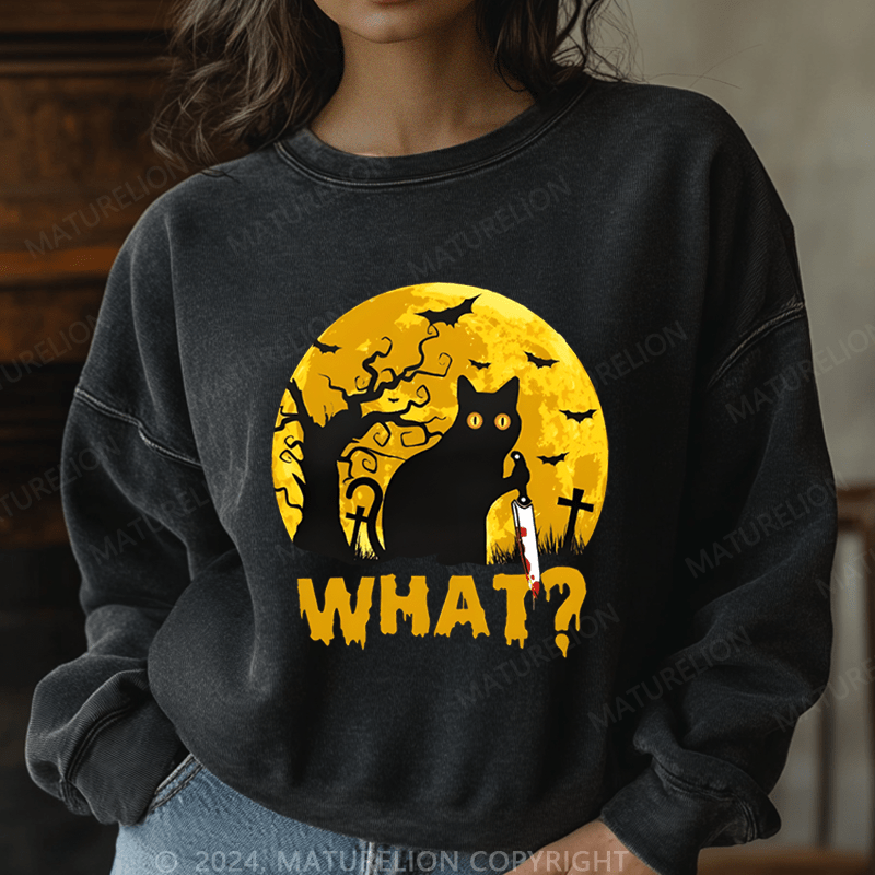 Maturelion Halloween Black Cat What Funny Washed Halloween Sweatshirt