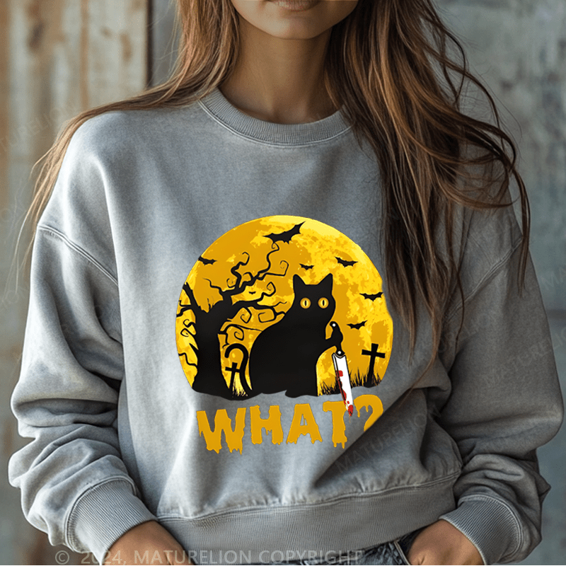 Maturelion Halloween Black Cat What Funny Washed Halloween Sweatshirt