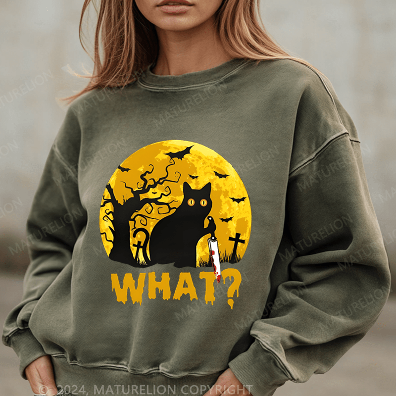 Maturelion Halloween Black Cat What Funny Washed Halloween Sweatshirt