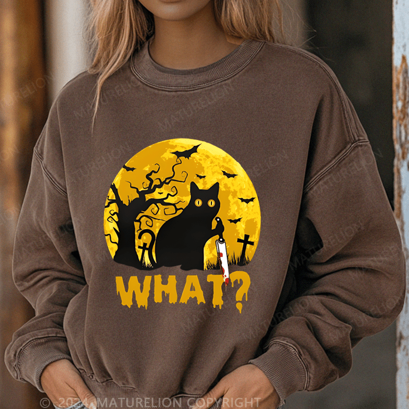 Maturelion Halloween Black Cat What Funny Washed Halloween Sweatshirt