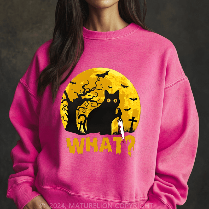 Maturelion Halloween Black Cat What Funny Washed Halloween Sweatshirt