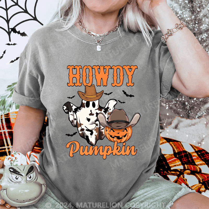 Maturelion Halloween Howdy Pumpkin Washed T-Shirt