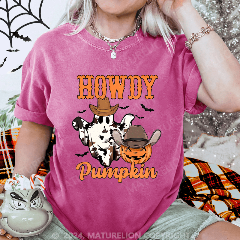 Maturelion Halloween Howdy Pumpkin Washed T-Shirt