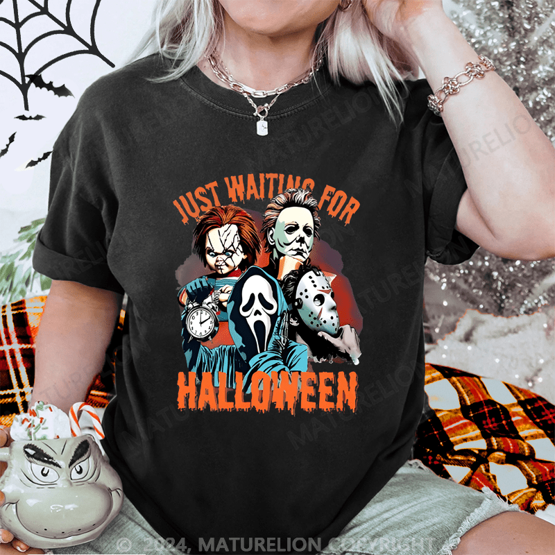 Maturelion Halloween Just Waiting for Halloween Washed T-Shirt