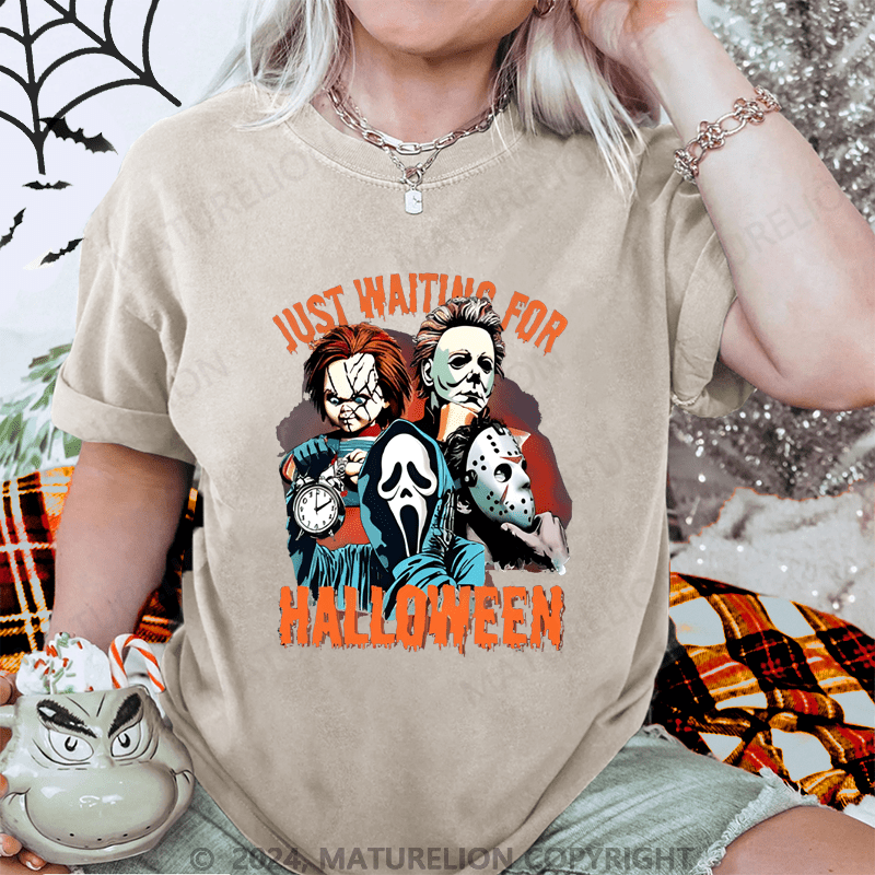 Maturelion Halloween Just Waiting for Halloween Washed T-Shirt