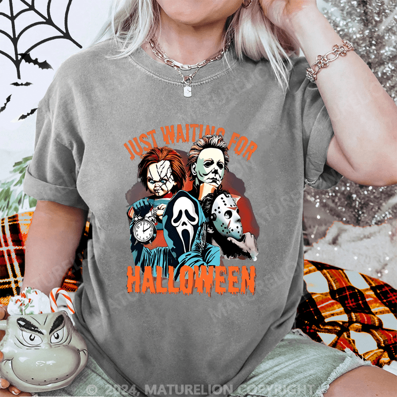 Maturelion Halloween Just Waiting for Halloween Washed T-Shirt