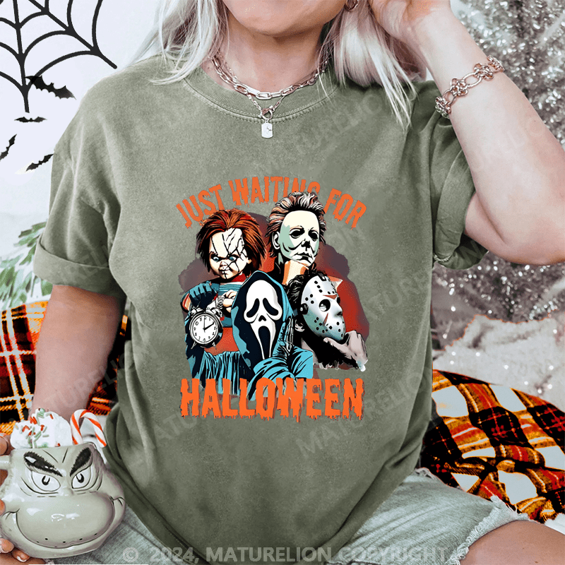 Maturelion Halloween Just Waiting for Halloween Washed T-Shirt