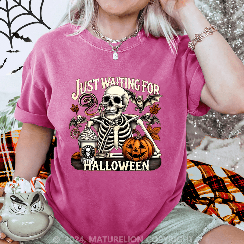 Maturelion Halloween Just Waiting for Halloween Washed T-Shirt