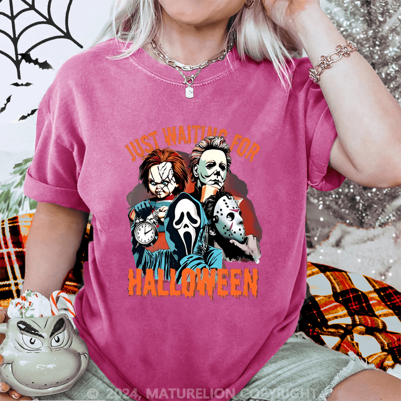 Maturelion Halloween Just Waiting for Halloween Washed T-Shirt