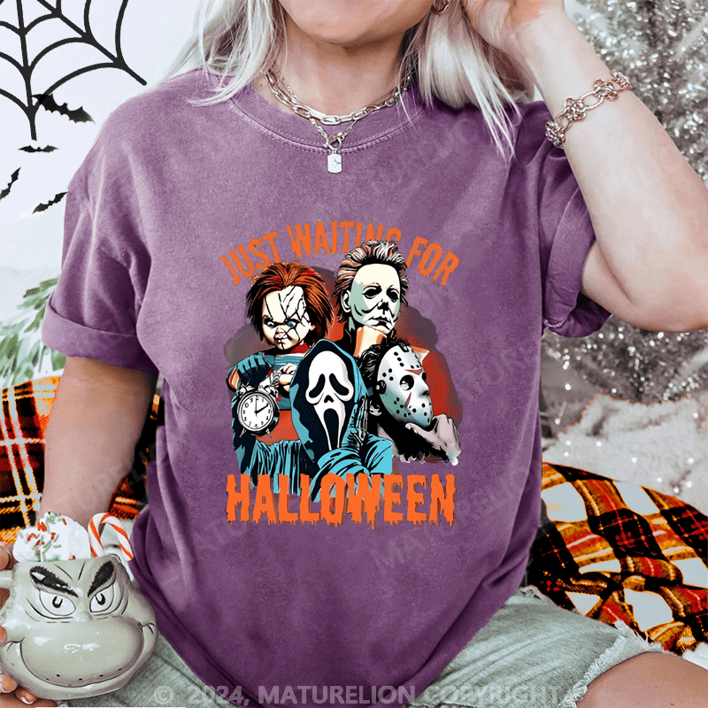 Maturelion Halloween Just Waiting for Halloween Washed T-Shirt