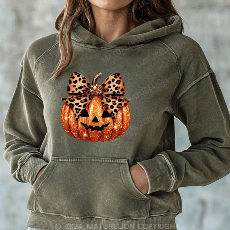 Maturelion Halloween Leopard Coquette Bow Pumpkin DTG Printing Halloween Hoodie