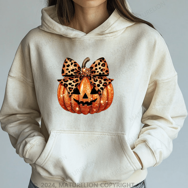 Maturelion Halloween Leopard Coquette Bow Pumpkin DTG Printing Halloween Hoodie