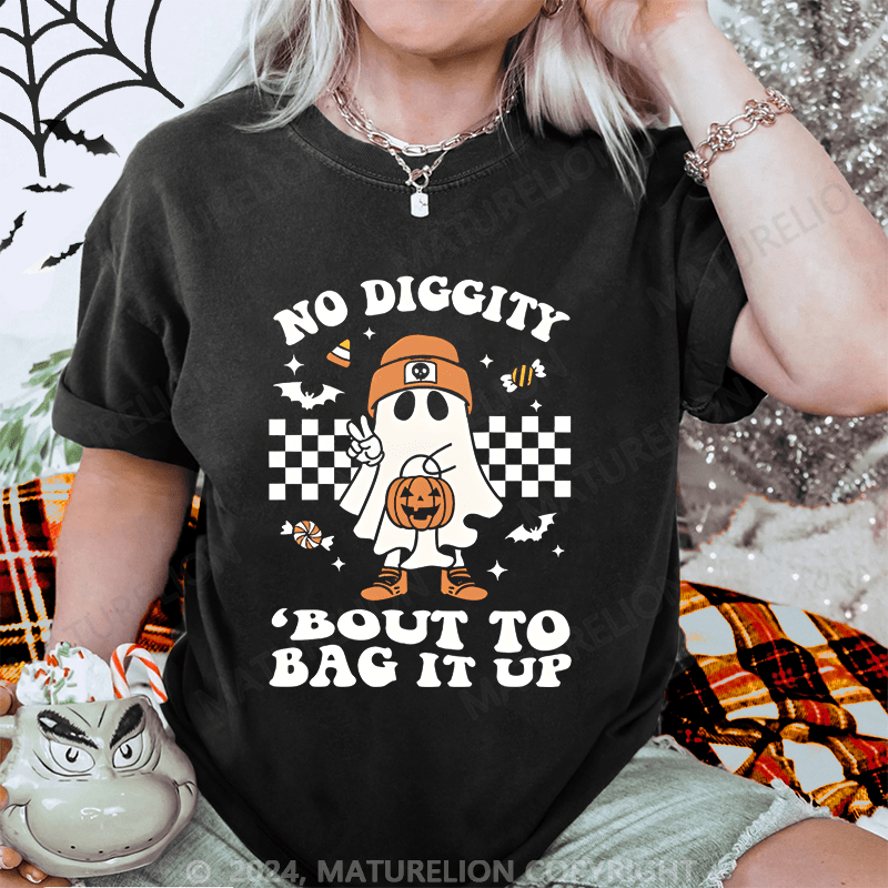 Maturelion Halloween No Diggity Bout To Bag It Up Funny Washed T-Shirt