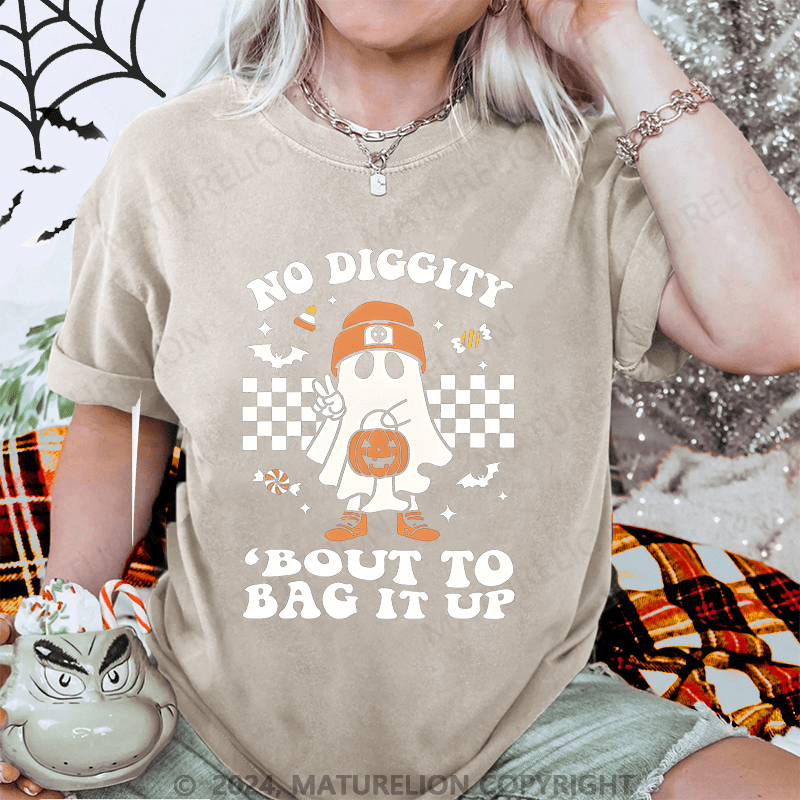 Maturelion Halloween No Diggity Bout To Bag It Up Funny Washed T-Shirt