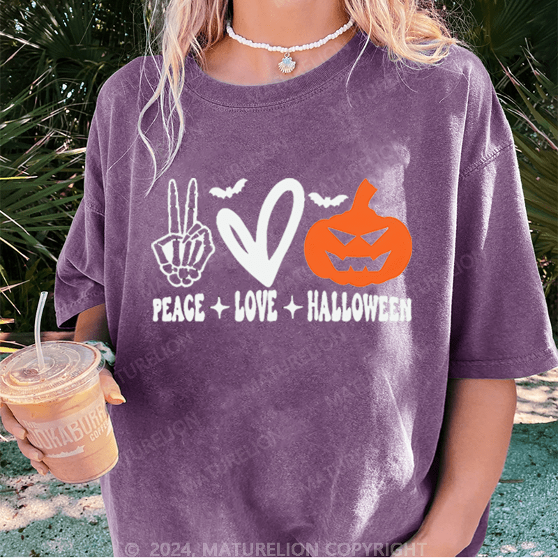 Maturelion Halloween Peace Love Washed T-Shirt