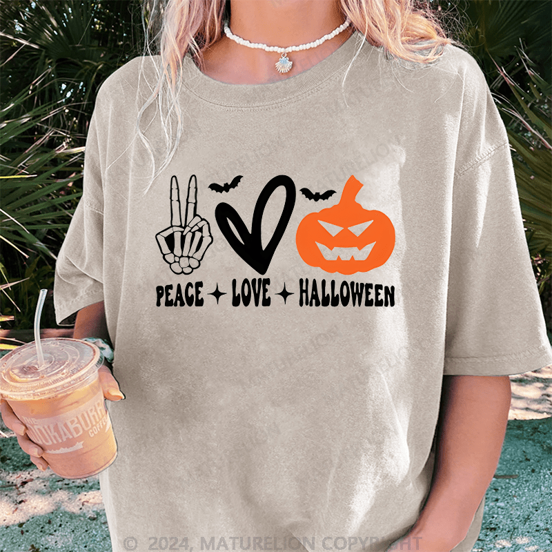 Maturelion Halloween Peace Love Washed T-Shirt