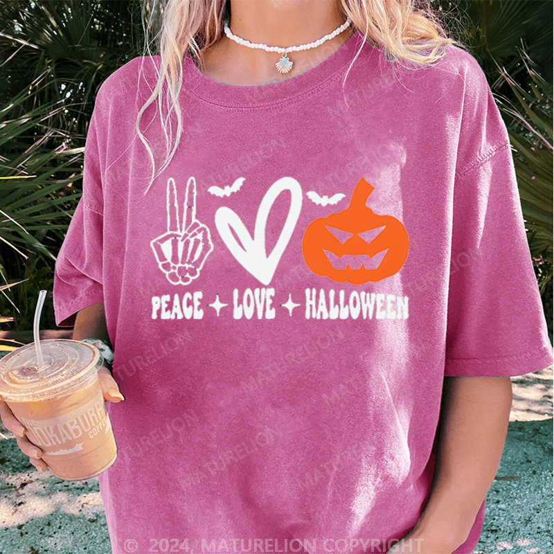 Maturelion Halloween Peace Love Washed T-Shirt