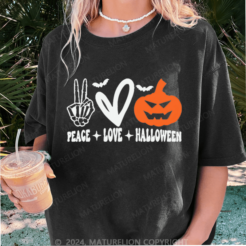 Maturelion Halloween Peace Love Washed T-Shirt