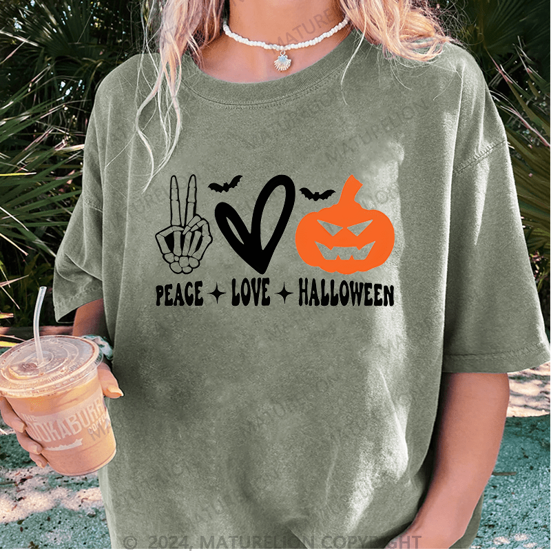 Maturelion Halloween Peace Love Washed T-Shirt