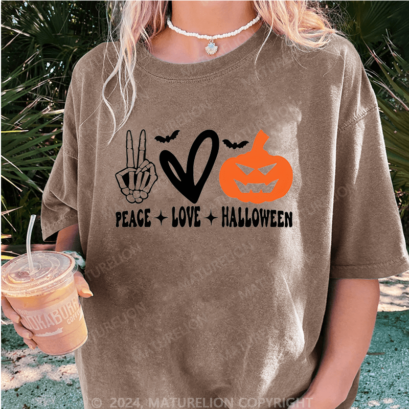 Maturelion Halloween Peace Love Washed T-Shirt