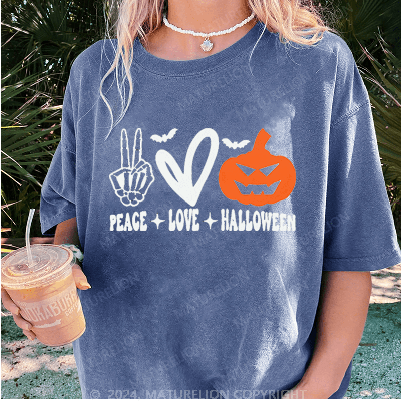 Maturelion Halloween Peace Love Washed T-Shirt