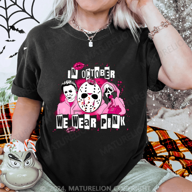 Maturelion Halloween Pink Scary Movies Washed T-Shirt