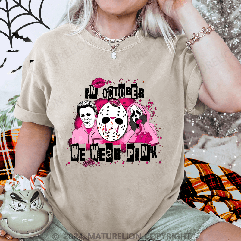 Maturelion Halloween Pink Scary Movies Washed T-Shirt