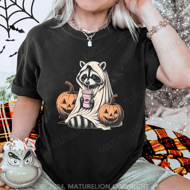 Maturelion Halloween Raccoon With Pumpkin Trick Or Trashy Washed T-Shirt