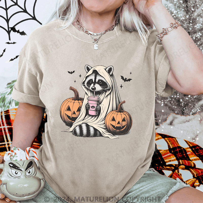 Maturelion Halloween Raccoon With Pumpkin Trick Or Trashy Washed T-Shirt