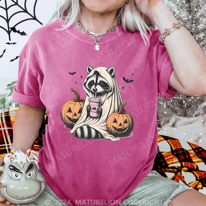 Maturelion Halloween Raccoon With Pumpkin Trick Or Trashy Washed T-Shirt