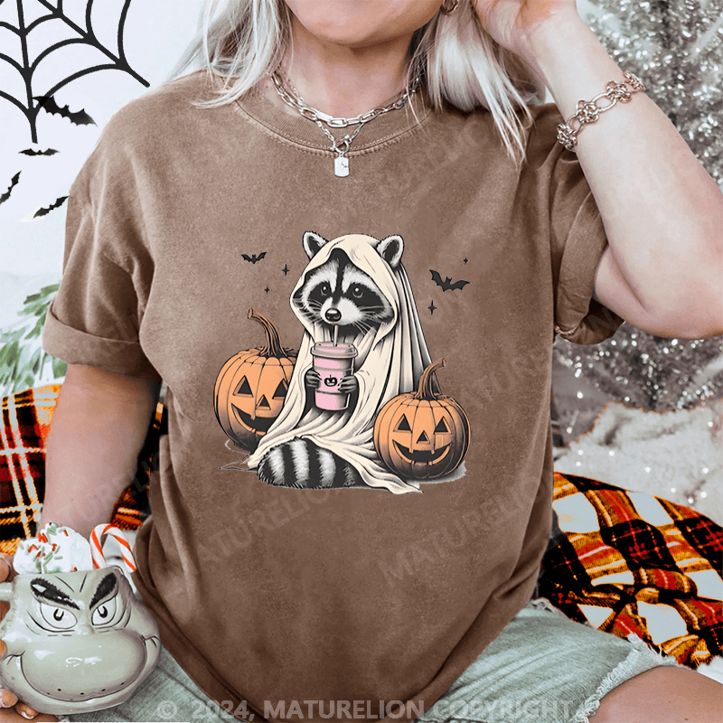 Maturelion Halloween Raccoon With Pumpkin Trick Or Trashy Washed T-Shirt