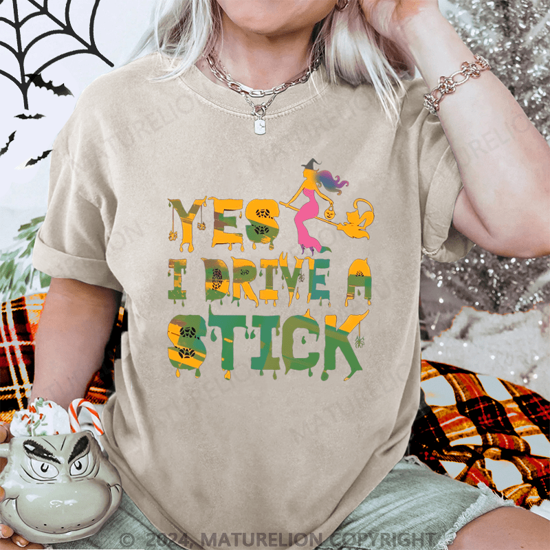 Maturelion Halloween Yes I Drive Stick Washed T-Shirt