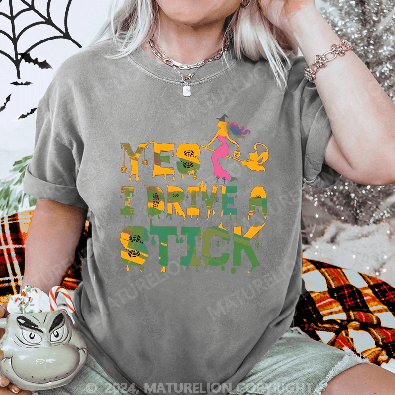 Maturelion Halloween Yes I Drive Stick Washed T-Shirt