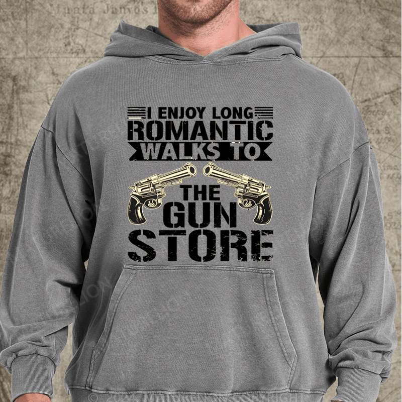 Maturelion I Enjoy Long Romantic Walks to the Gun Store Funny on Unisex Jersey Washed Hoodie