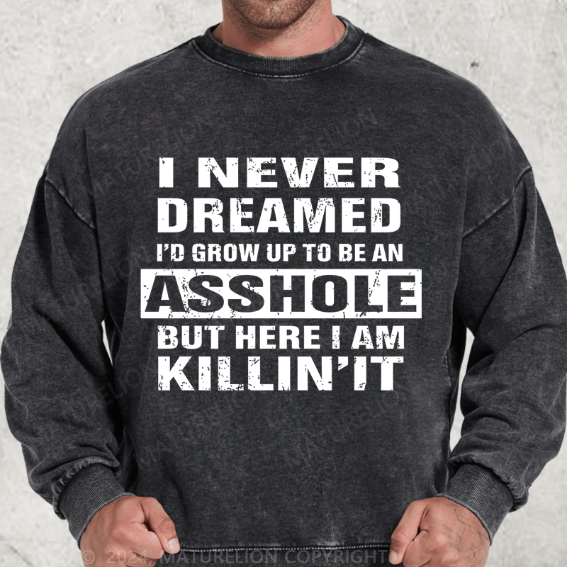 Maturelion I Never Dreamed I'd Grow Up To Be An Asshole But Here I'm Killin' It DTG Printing Washed sweatshirt