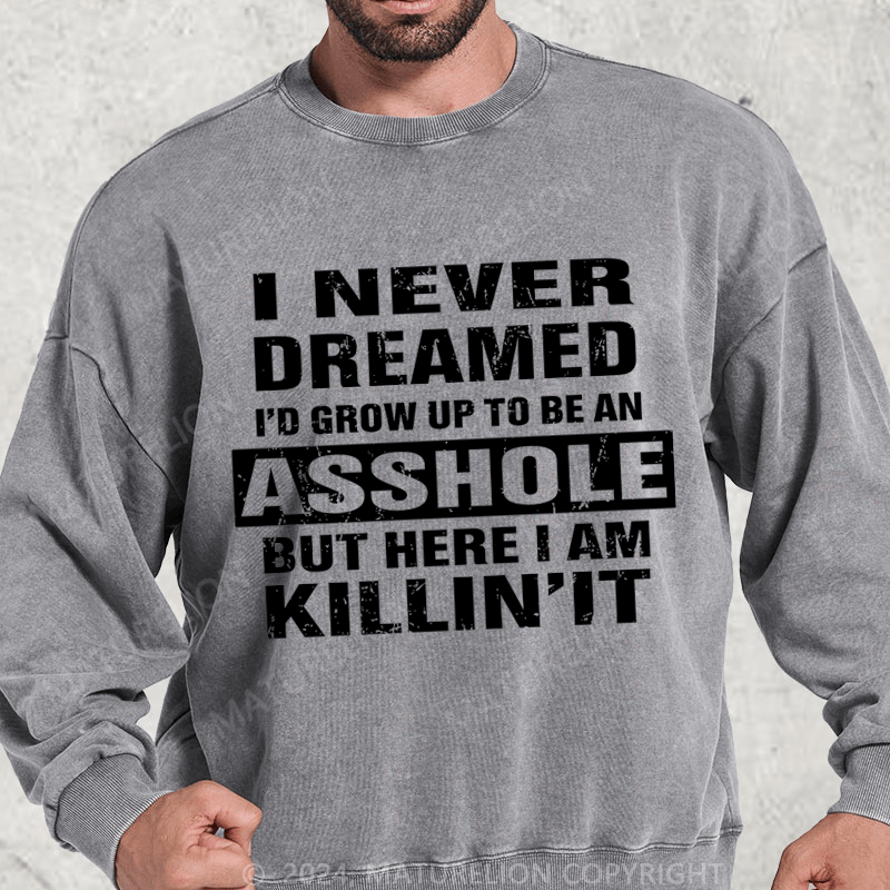 Maturelion I Never Dreamed I'd Grow Up To Be An Asshole But Here I'm Killin' It DTG Printing Washed sweatshirt