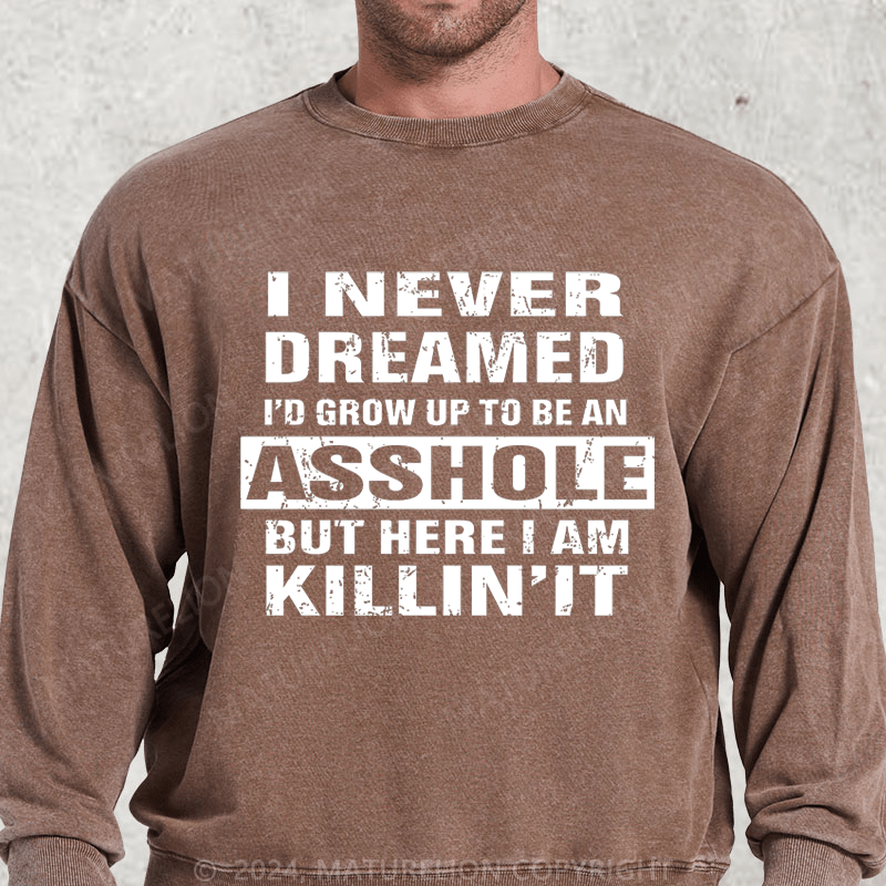 Maturelion I Never Dreamed I'd Grow Up To Be An Asshole But Here I'm Killin' It DTG Printing Washed sweatshirt