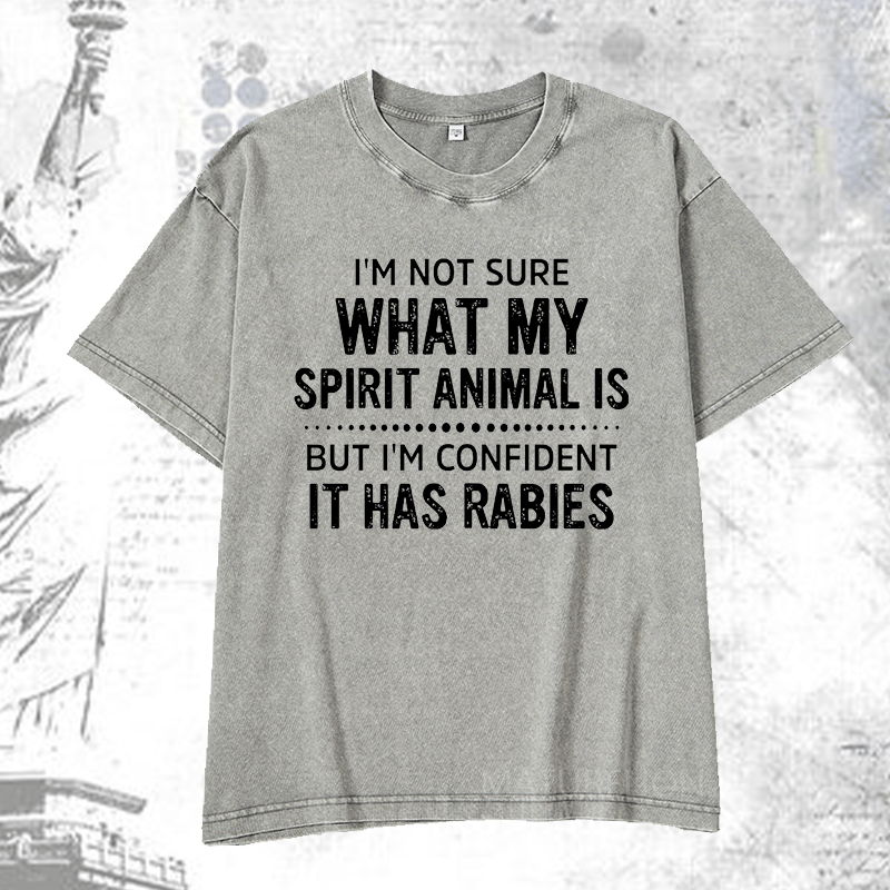 Maturelion I'm Not Sure What My Spirit Animal Is But I'm Confident It Has Rabies DTG Printing Washed  Cotton T-shirt