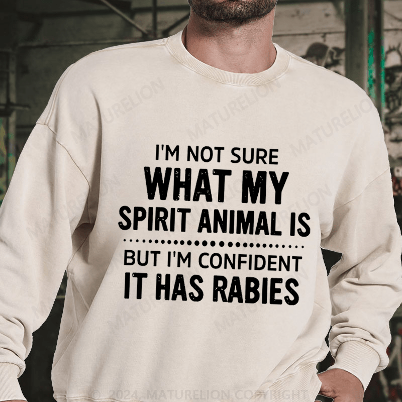 Maturelion I'm Not Sure What My Spirit Animal Is But I'm Confident It Has Rabies DTG Printing Washed sweatshirt