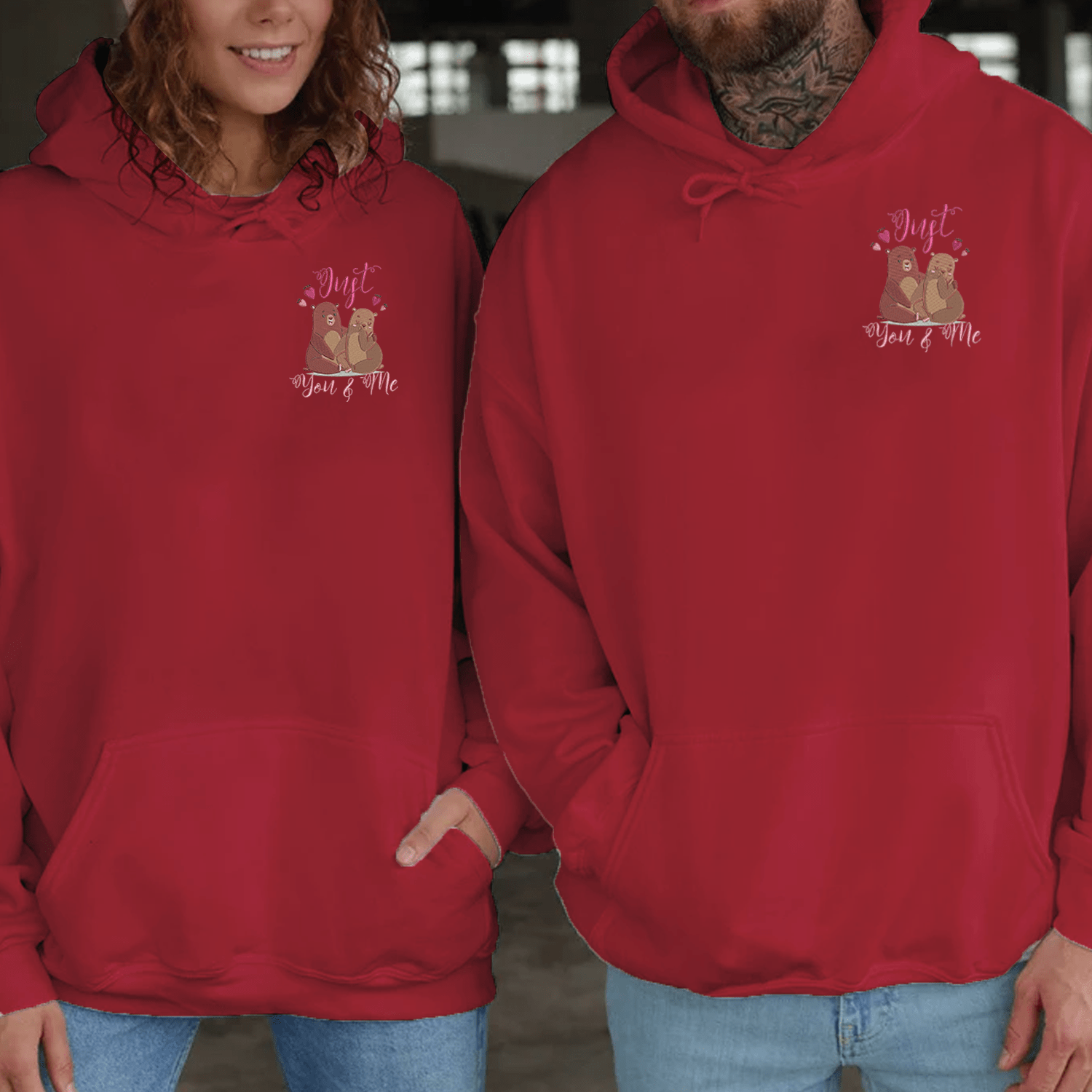 Maturelion Just You & Me Valentine Digitized Embroidery Couple Hoodie