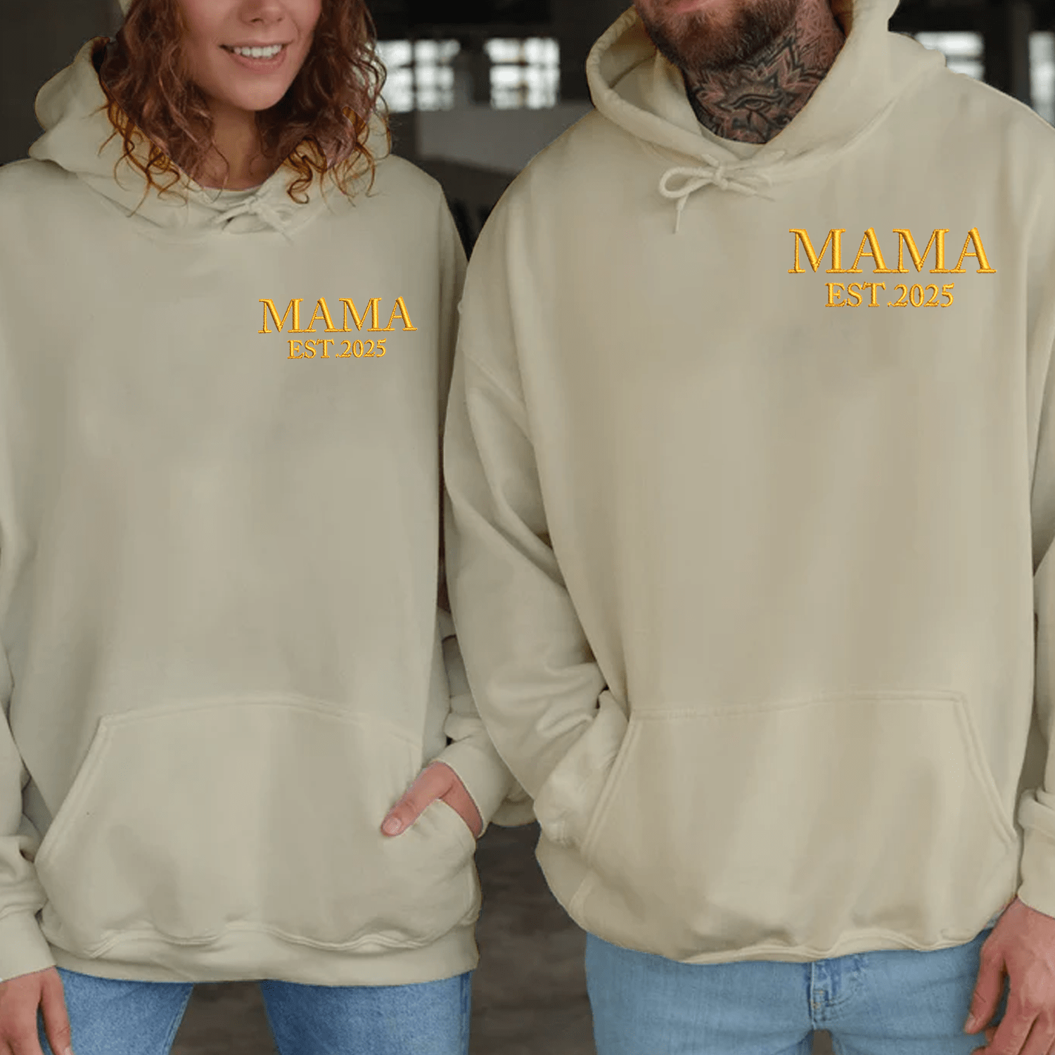 Maturelion Mama Date Embroidered Couple Hoodie